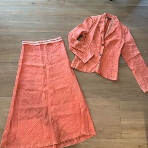 Coral Pink Linen-Blend Blazer & Skirt Set (Anthropologie Style)